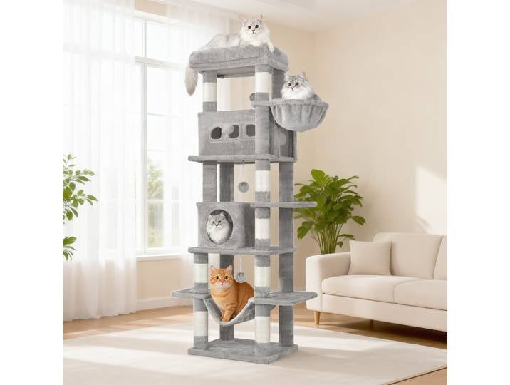 Grand poteau à gratter pour chat de 170 cm, avec 8 postes à gratter, 2 grottes, boules en peluche, poteau à gratter pour chat à plusieurs niveaux, gris clair