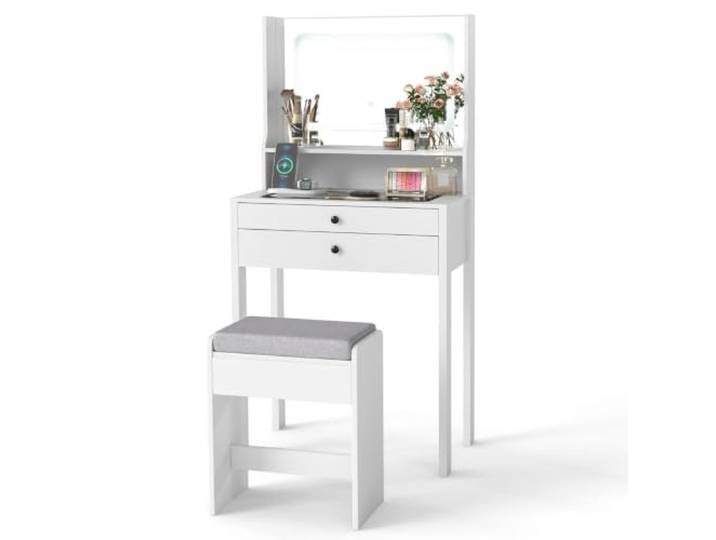 Helloshop26 Schminktisch mit Spiegel und Lichtern, 64 x 40 x 132 cm, 3 Leuchtmodi, optimierte Aufbewahrung, modernes Design, MDF, Weiß, 20_0017059