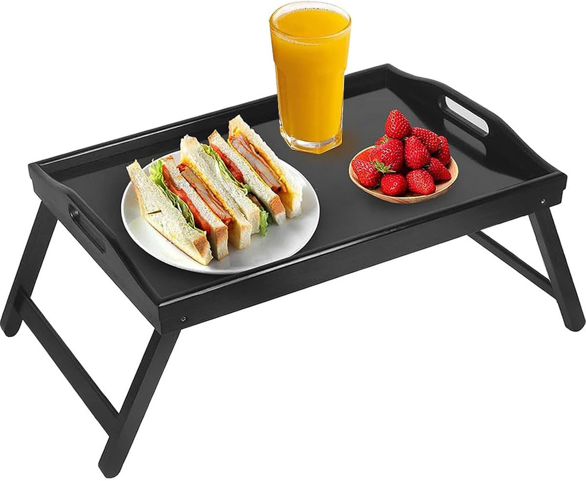 Multifunctionele opvouwbare houten bijzettafel in zwart voor als laptoptafel, bedtafel of ontbijttafel