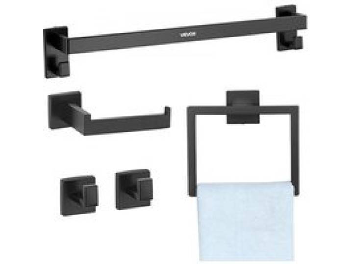 VEVOR Badezimmer Hardware Zubehör Set aus Edelstahl (5-tlg.) inkl. Handtuchstange & Handtuchhalter (quadratischer Ring) & 2 Haken & Toilettenpapierhalter, für Badezimmer, Wandmontage Schwarz