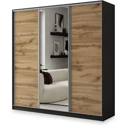 SCHWEBETÜRENSCHRANK SORE 200/205/58 cm 3-türig mit Spiegel und 4 Schubladen Schwarz