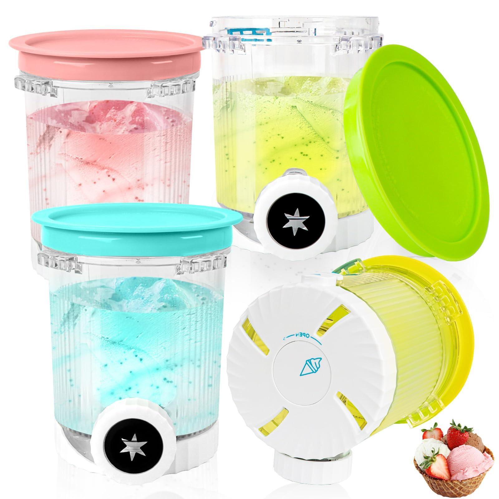 Selius 4 x ijsmachine accessoires, 480 ml Creamy Tubs Ice Maker met gekleurde deksels