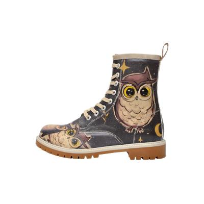 Schnürboots DOGO "Long Boots Schnürstiefel Owls Family Damen Stiefeletten, Longe", Damen, Gr. 40, gefüttert, Normalschaft, schwarz, Lederimitat, Schuhe Sommerboots, Handgefertigt