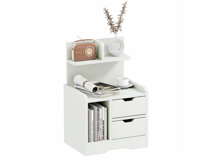 ComfortXL Nachtschrank De-12784 2 Schubladen, offenes Fach und Regal Weiß, 30x60x40 cm, Schlafzimmer, Nachtkästchen