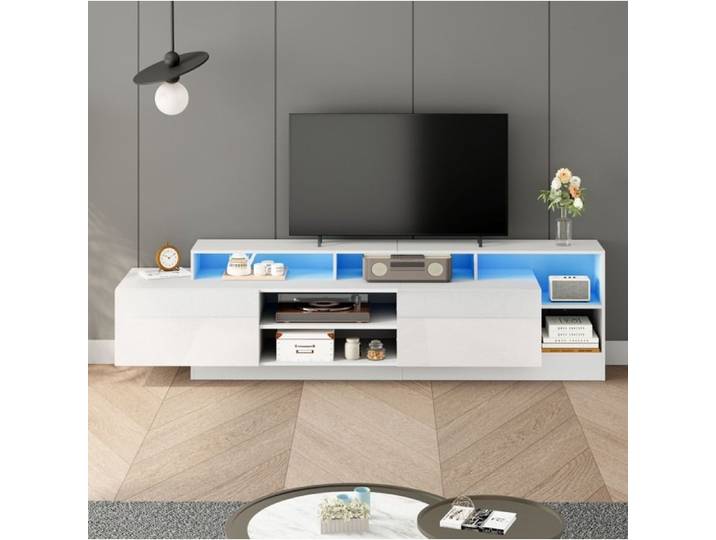 WOVREO Meuble TV 190 cm blanc brillant avec LED rangements ouverts et 2 portes abattantes