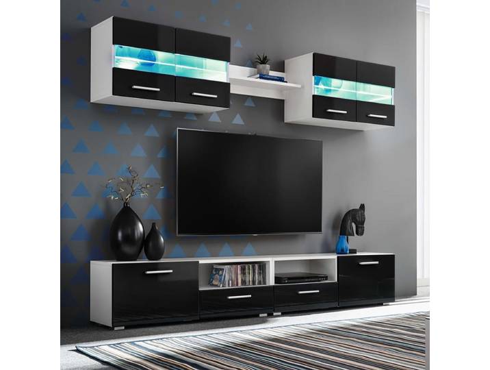 Meuble TV mural moderne avec centre de divertissement noir brillant et étagère de présentation, ensemble de meubles de rangement pour salon