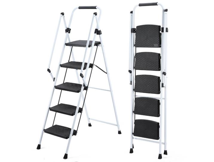 Échelle à 5 marches, échelle-tabouret pliante blanche, avec marches larges antidérapantes, échelle en acier, avec poignée antidérapante de sécurité, échelle-tabouret en acier portable légère, capacité