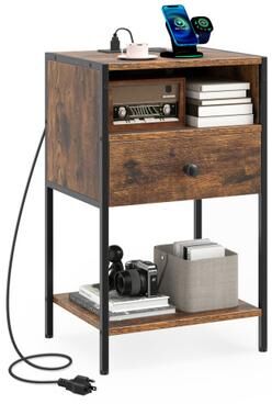 Costway Nightstand with Charging Station Bedside Table with USB Ports and Outlets-Rustic Brown