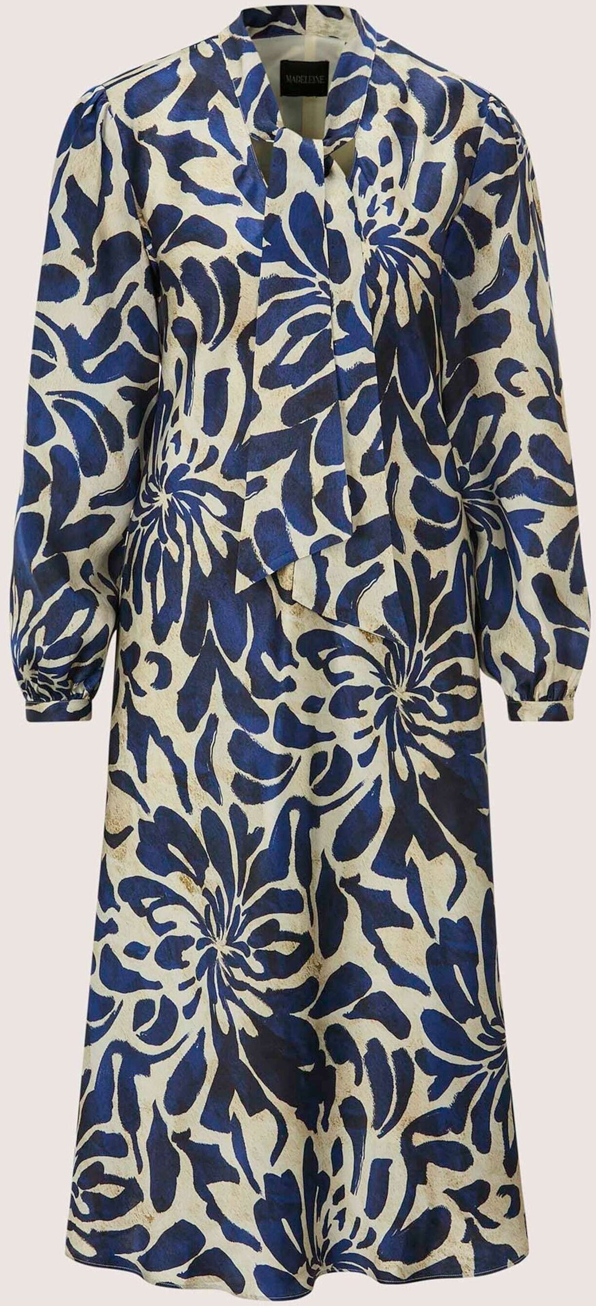 Sommerkleid MADELEINE "Kleid Elegantes Viskosekleid mit Blumenmuster", Damen, Gr. 34, N-Gr, blau (marine, berber), Obermaterial: 100% Viskose CV., Modern, V-Ausschnitt, Kleider Sommerkleid, Mit Schluppenband