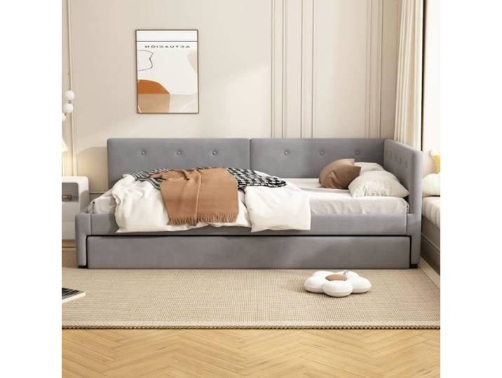 Lit gigogne - Canapé-lit - 90 x 200 cm - Sommier à lattes - Gris