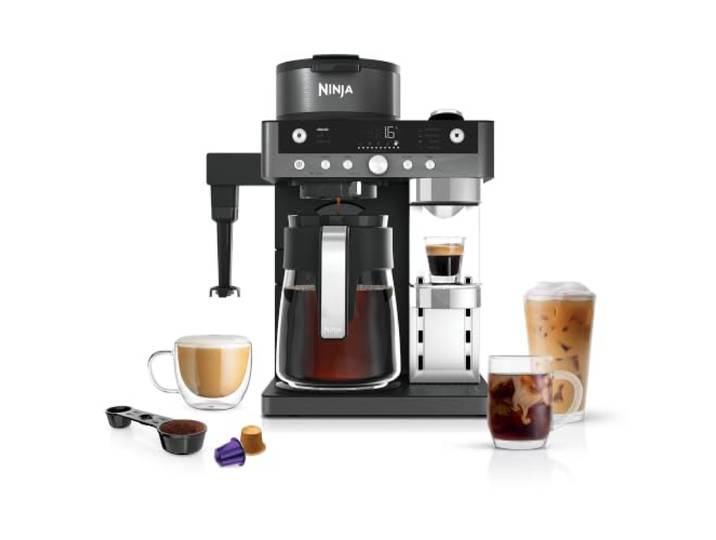 Ninja Prestige 2-in-1 Filterkaffee- & Kapselmaschine, Grau-Metall Integrierter Milchaufschäumer, für Latte, Eiskaffee & Flat White - CFN802EUGM