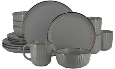 Elama Leo 16 Piece Stoneware Dinnerware Set In Dark Gray