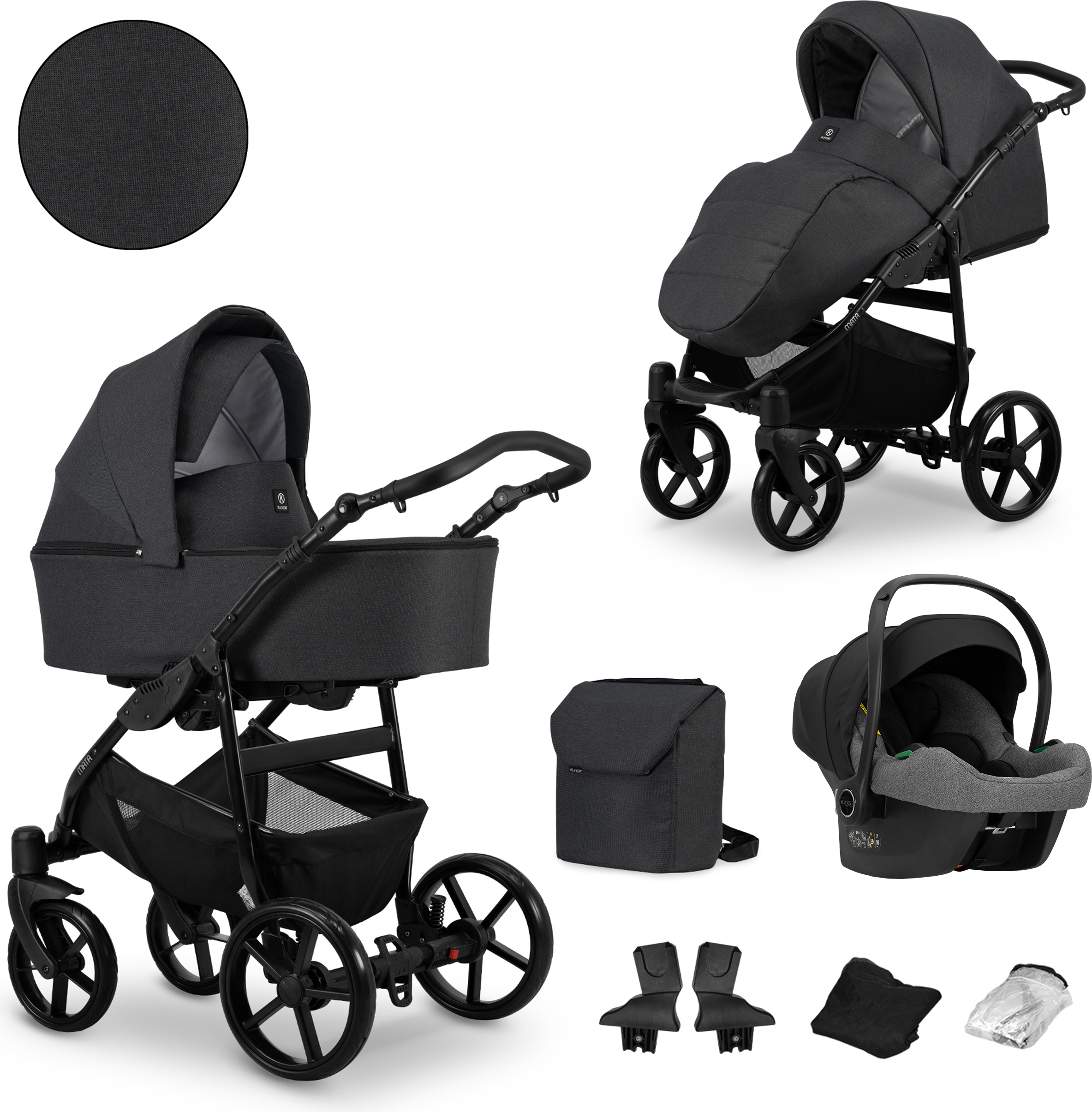 Kinderwagen MATA Sportwagen Babywagen Babyschale Komplettset Kinder Wagen Autositz Set 3 in 1 (MO 07, Rahmenfarbe: schwarz)