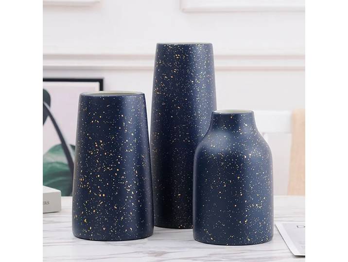 Vase nordique moderne en céramique à pois dorés, bleu mat, Arrangement de fleurs de la marine, ornement de luxe léger, artisanat de bureau, décoration de la maison