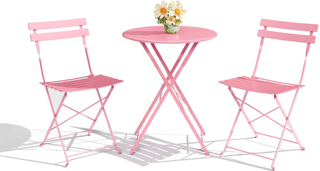 Dakota Fields 3-Piece Folding Bistro Set, Foldable Patio Furniture Set with Frame, Outdoor Bistro Table and Chairs Set of 2 for Patio, Garden and Balcony Pink