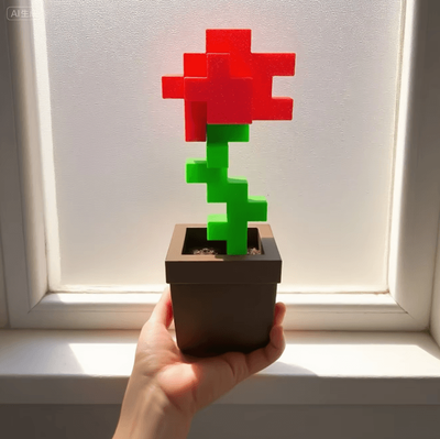 Uplift Curations 3D Printed Pixel Rose Flower Ornament For Desktop And Home Decoration 3D Printed Pixel Rose Flower Ornament For Desktop And Home Decoration