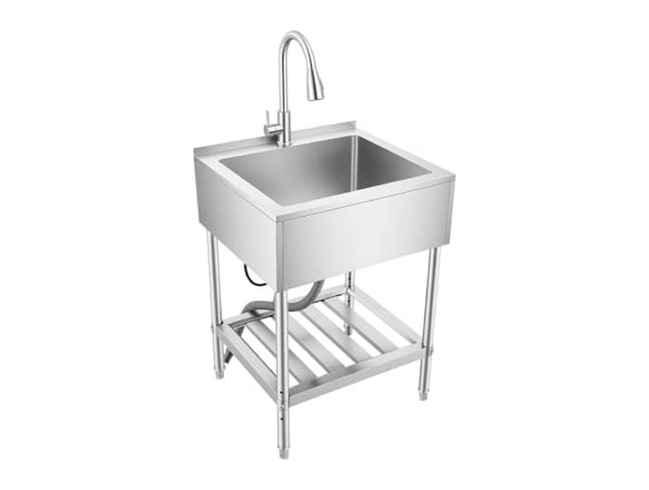 Bepritm Kommerzielle Edelstahl-Küchenspüle, freistehende Einzelbecken mit einstellbarer Temperatur Wasserhahn, Innen- und Außenspüle für Restaurant/Hotel (63,5 x 55,9 x 87 cm)