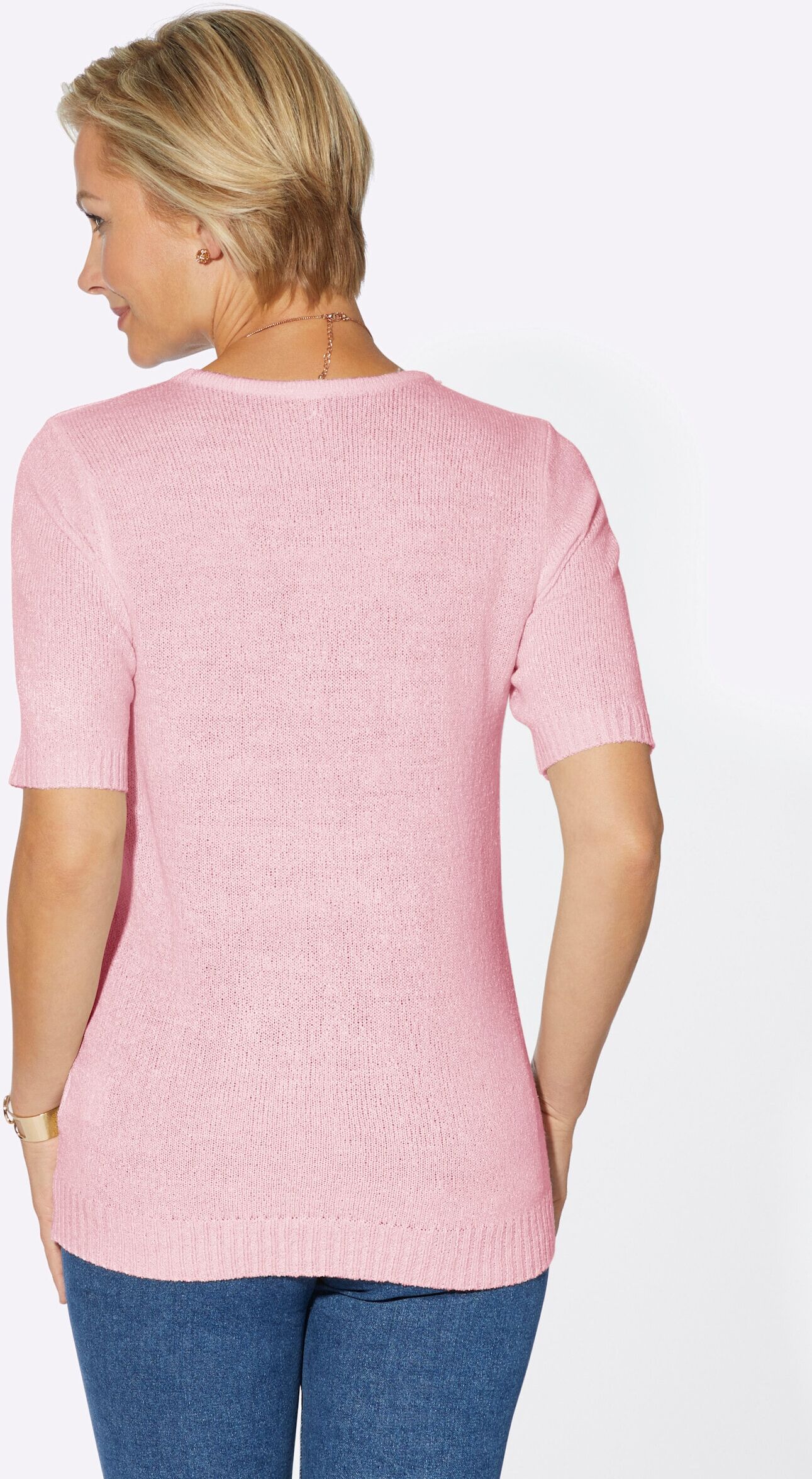 Longpullover WITT "Pullover Rundhalspullover aus Feinbouclé", Damen, Gr. 46, rosé, Basic, Rundhals, Pullover Longpullover