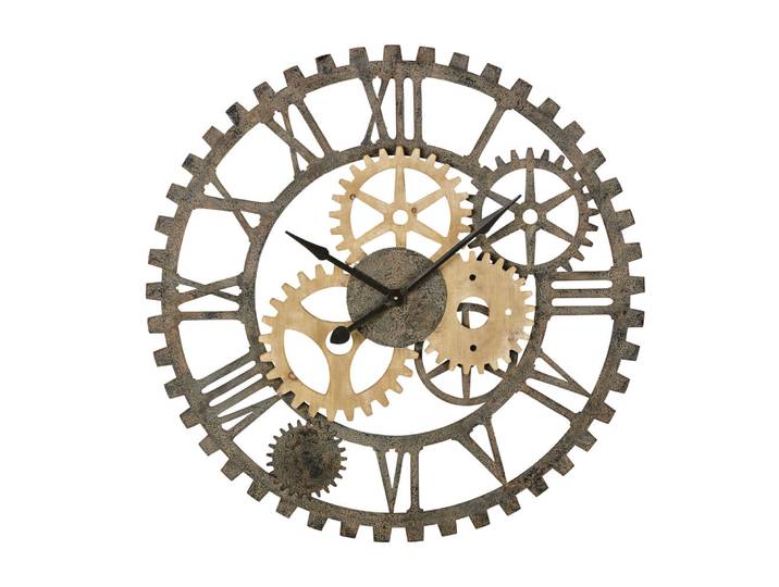 Wanduhr mit Zahnrädern aus Tannenholz und schwarzem Stahl, D100 cm