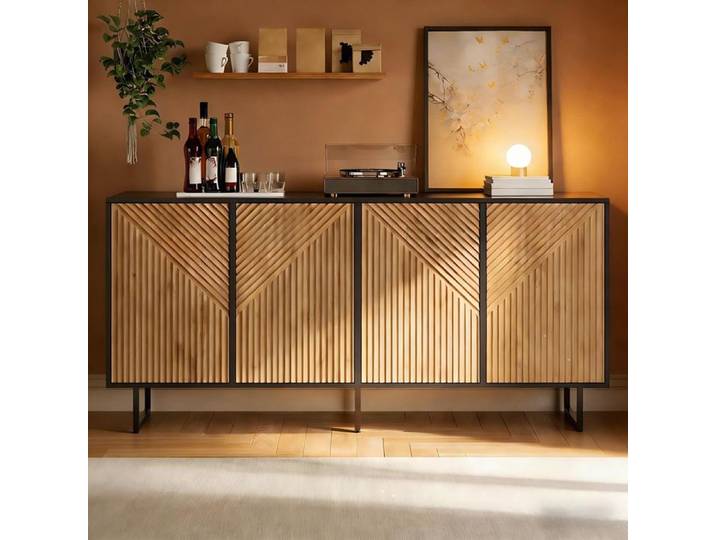 Buffet de salon 160x40x75 cm bois naturel et noir 4 portes moulé sous vide