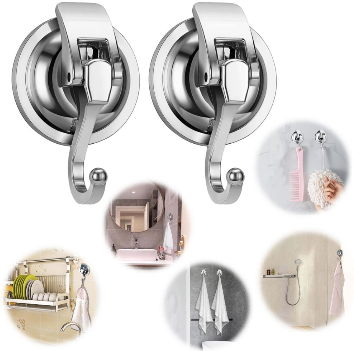 Set van 2 herbruikbare wandhaken met zuignap voor badkamer en keuken, zilver, 6 x 8,5 cm
