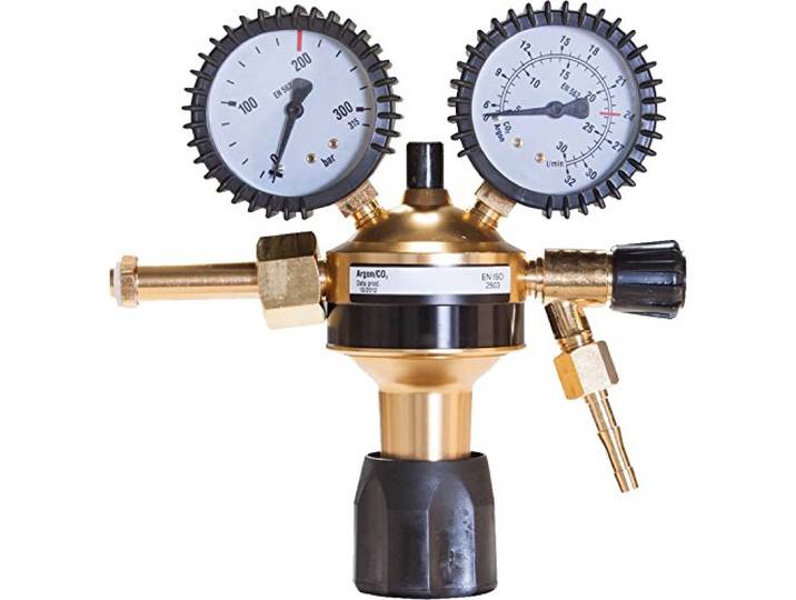 Eco Druckminderer Argon/CO2 200 bar Gas Druckregler 0-32 L/min Einstufig für MIG MAG WIG Schweißen W 21,8 x 1/14 Flaschenanschluss Inkl. Manometer, Absperrventil & G 1/4 Schlauch