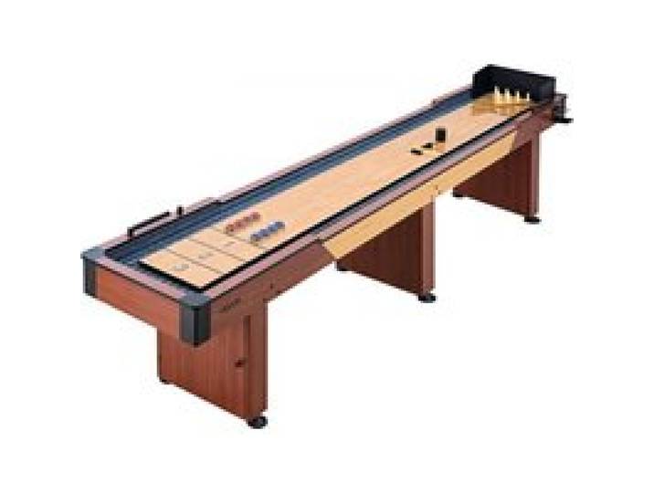 VEVOR Shuffleboard-Tisch 3,7 m 2-in-1 mit Bowling-Set und 8 Pucks Indoor, Shuffleboard mit Rustikaler Holzoptik, Kratzfester Spielfläche, Wachs und Bürste, für das Familienspielzimmer zu Hause