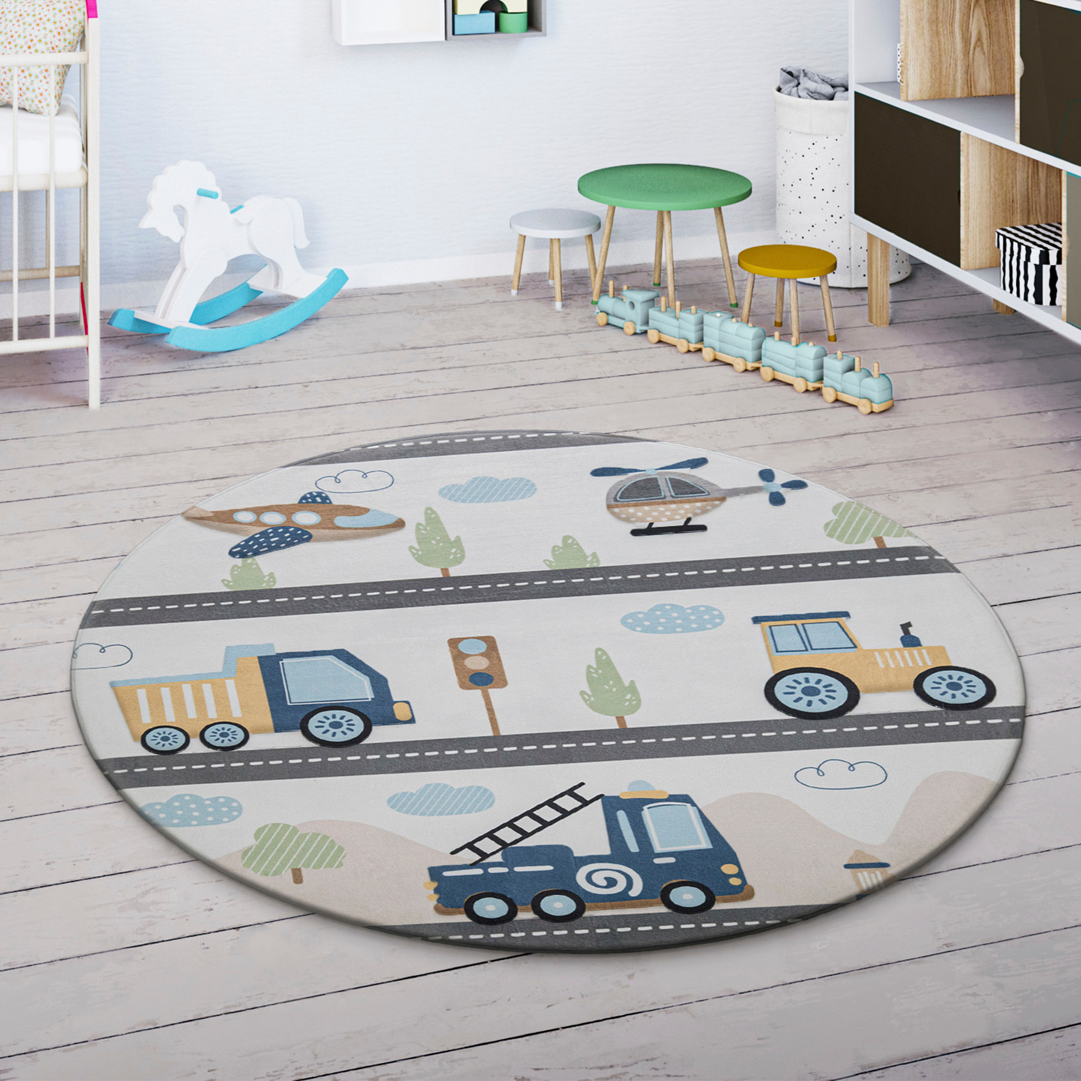 Kinderteppich PACO HOME "Chicos 561", bunt (mehrfarbig), H:4mm Ø:150cm, Polyester, Teppiche, Kinderteppich, Flachgewebe, Spielteppich, Motiv Fahrzeuge, Kinderzimmer mehrfarbig Ø 150cm 1 Stk., 4mm, Ø 150cm