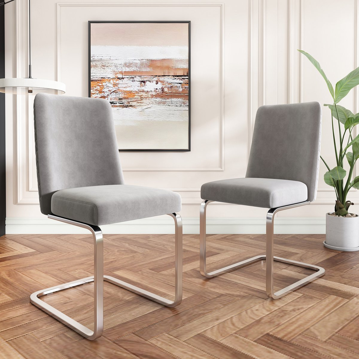 FloraGrace Eetkamerstoel Set van 2 - Diamant Rug Design - Fluweel - Grijs