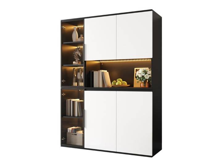 Armoire moderne avec LED - Design noir et blanc élégant - Éléments en verre et façades fermées - Éclairages LED intégrés
