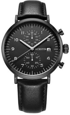 Everyday Crate OCHSTIN 6076C Mens Quartz Watch Waterproof Business Leather Watch With Multifunction Dial black+black