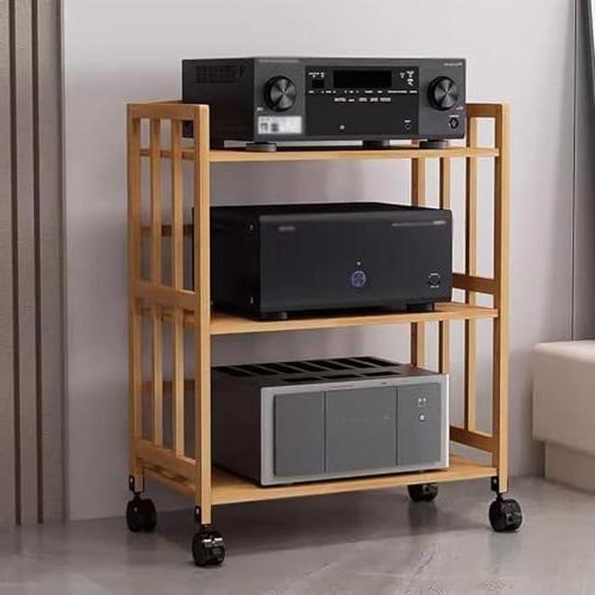 Modern Stereo Kast Media Meubel met Verstelbare Planken in Bamboe en Mahonie, Breedte: 80 cm