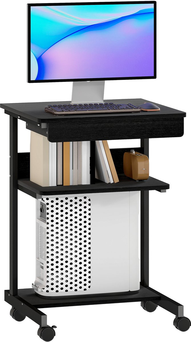 Verrijdbaar computerbureau met lade en planken en wielen