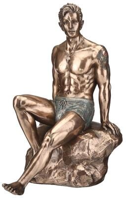 Veronese Design 8.46 inches Height Cold Cast Bronze Tattooed Male Sitting on Rock Beach Pinup Bronze Finish Figurine