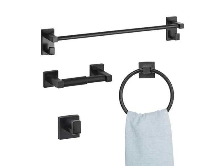 VEVOR Accessoires de Salle de Bain 4PCs\, Porte Serviettes Mural en INOX 59\,5 cm avec Anneau Porte-Serviette\, Crochet pour Peignoir et Porte-Papier Toilette\, Kit de Quincaillerie de Bain\, Noir Mat