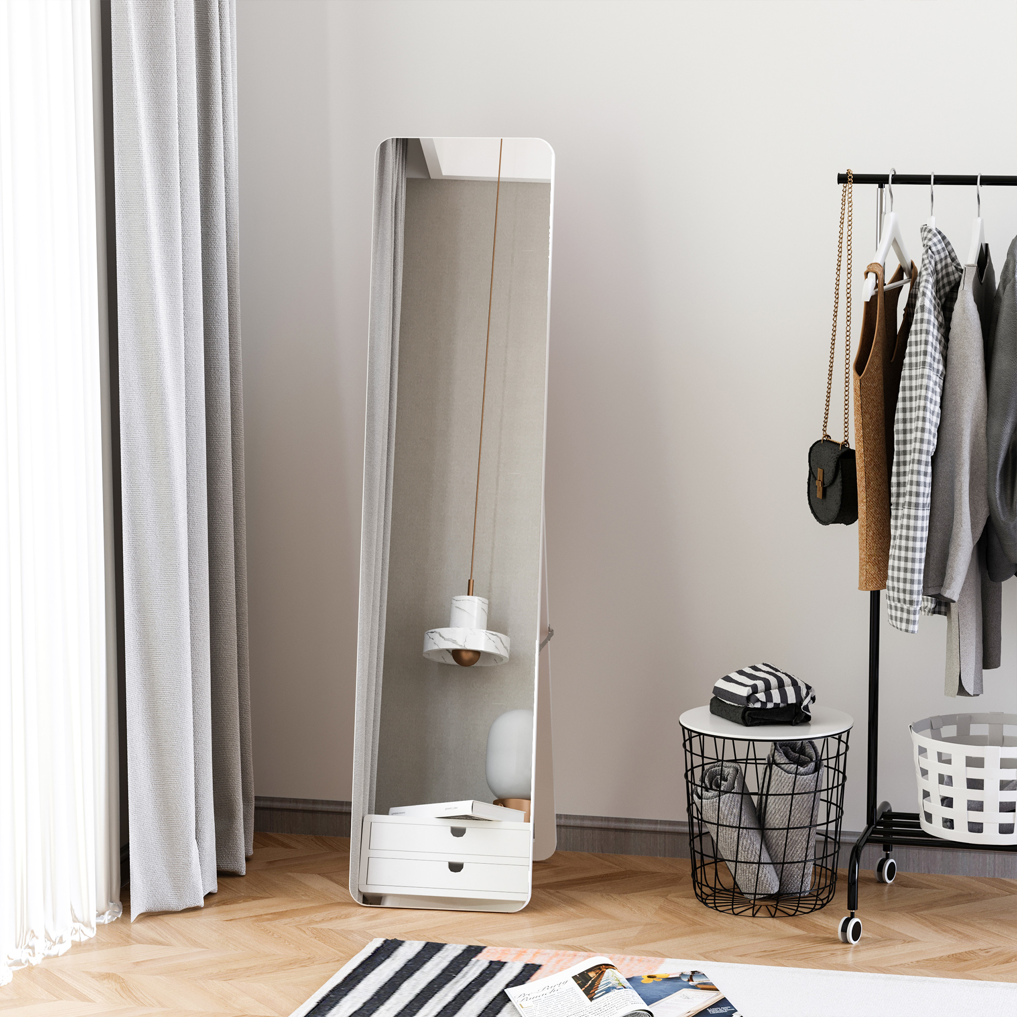 Homcom Specchio a Terra e a Parete rettangolare dim. 37L x 43l x 156H cm Legno Aspetto Bianco