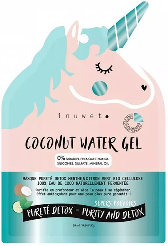 inuwet - Einhornmaske Gesicht Reinheit Detox Biocellulose 100% Kokoswasser biologisch abbaubar, 1 Stück
