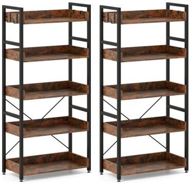 1/2 pcs 5-Tier Bookshelf Tall Freestanding Display Shelf w/ 4 Hooks