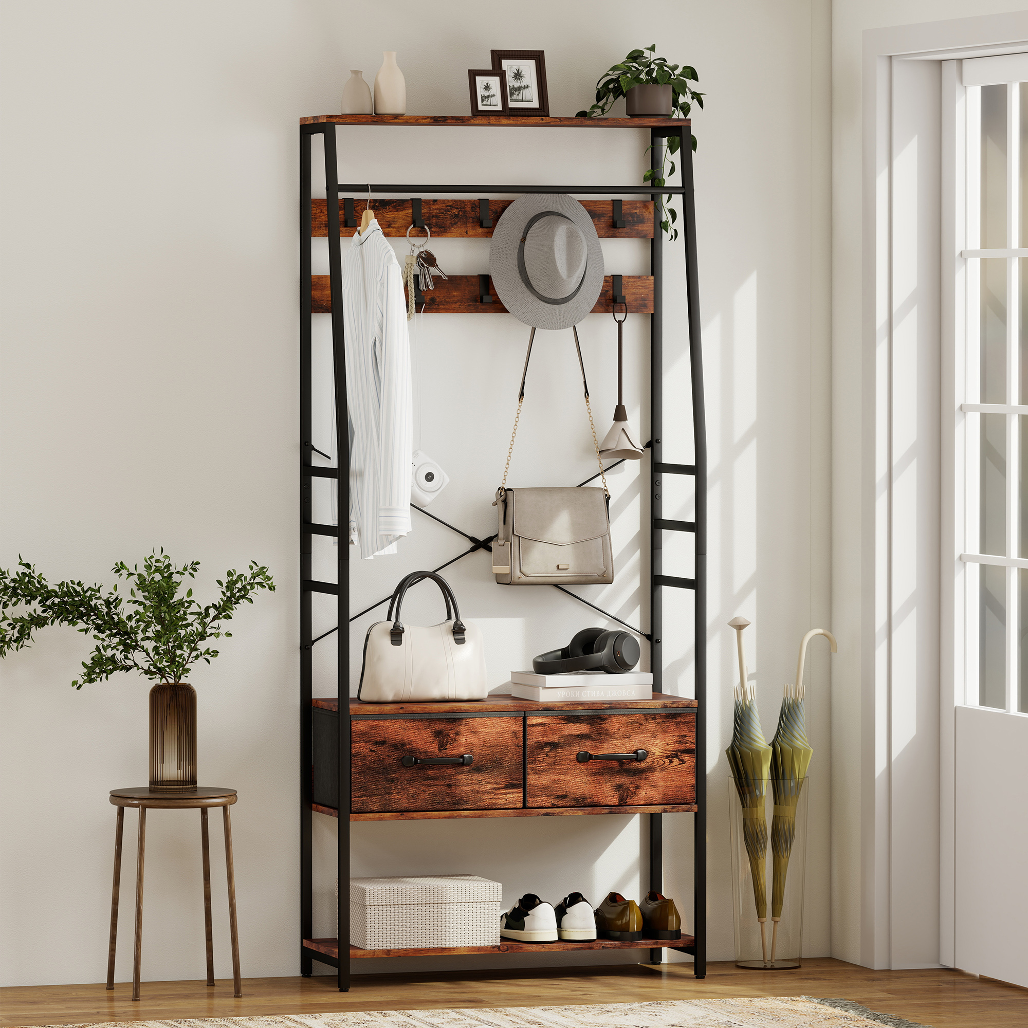 Homcom Mobile d'ingresso 6 in 1 appendiabiti barra appendiabiti mensola 2 cassetti 10 ganci 80 x 30 x 180 cm marrone rustico   Aosom Italy