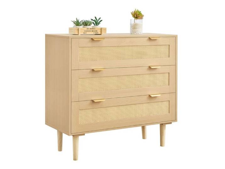 Commode en Rotin à 3 Tiroirs-VEVOR-Meuble de Rangement-avec Poignées en Métal et Pieds en Bois