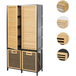 Bambus-Badezimmerschrank HWC-N83, Badregal Schrank, 2 Wäschekörbe Türen MVG 168x82x34cm ~ natur-schwarz, Korb anthrazit