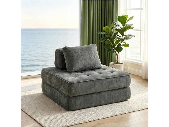 Chauffeuse convertible 1 place grise en chenille avec coussin lit simple pliant en mousse