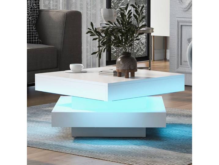 Table basse carrée blanche laquée pivotante 360° avec LED 70 × 70 × 36 cm