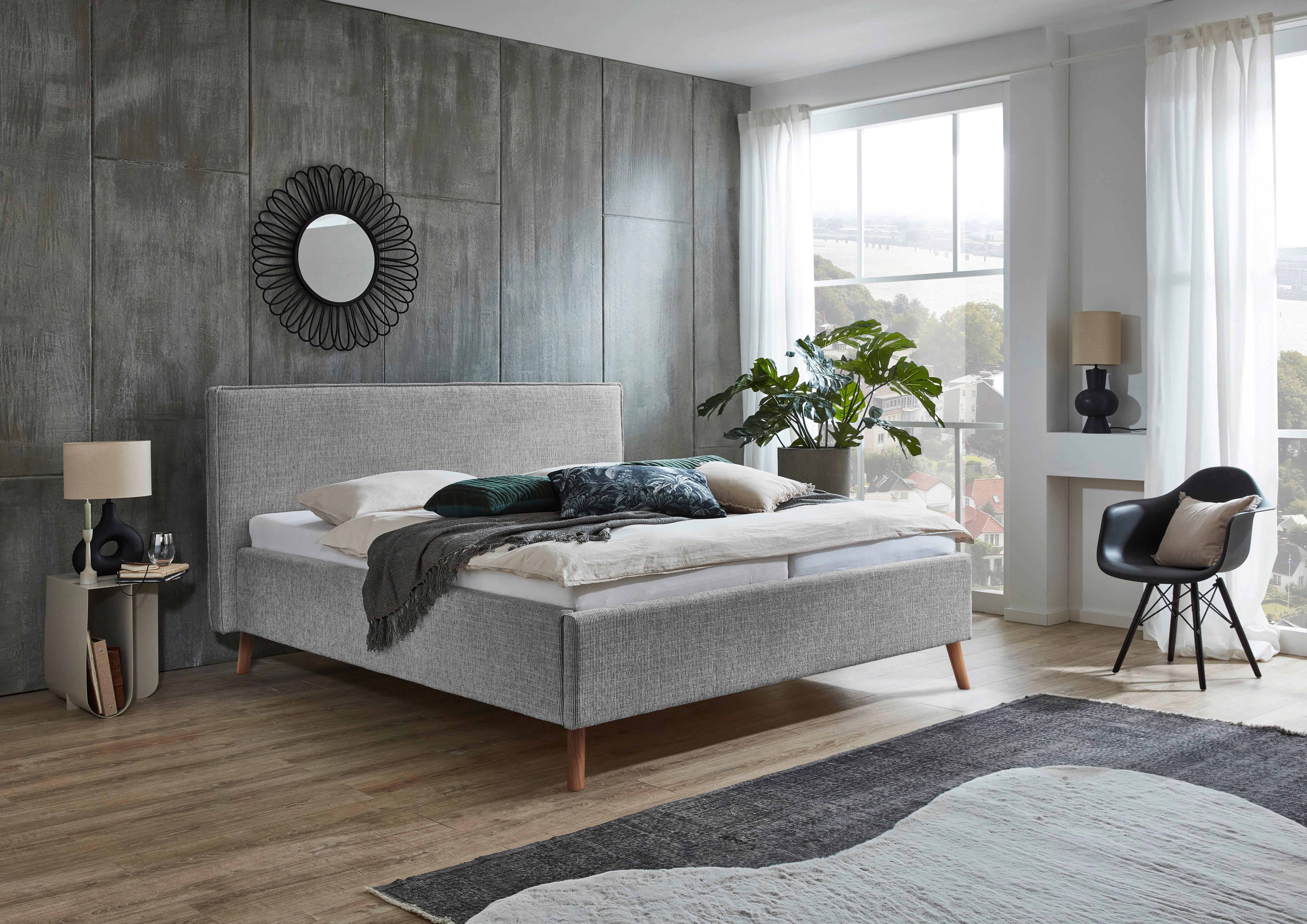 Polsterbett MEISE.MÖBEL "Riva", beige (fog, fog), B:185cm L:216cm, Betten, Polsterbett, mit eichefarbigen Holzfüssen, wahlweise mit Bettkasten und Lattenrost fog, fog Liegefläche Länge B: 200cm x 160cm, Strukturstoff ink. Bettkasten & Federholz-Lattenrahm