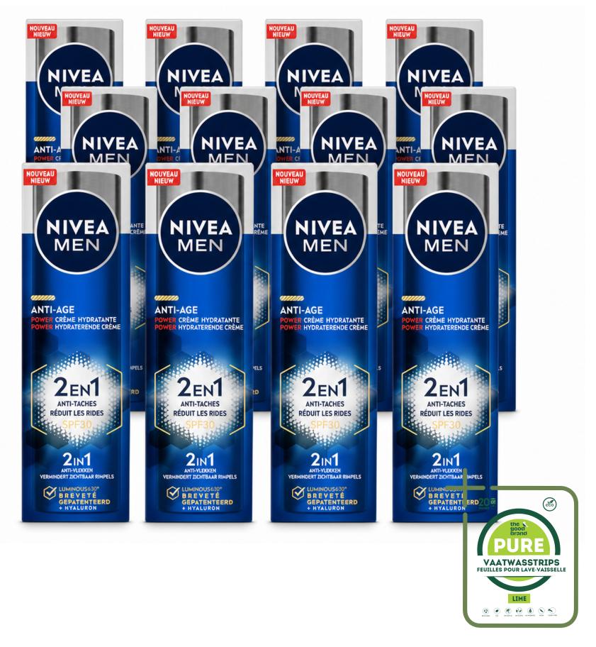 12 x NIVEA MEN Anti-Age 2in1 Power Feuchtigkeitscreme Gesicht SPF 30 - 50 ml - Großpackung - 12 Stücke