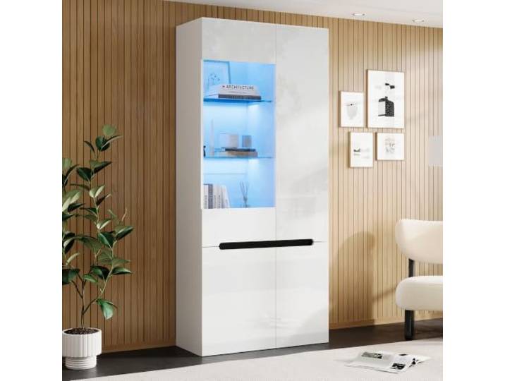 BXEYXE Vitrine mit LED, 4 Flügeltüren mit Trennwand aus Sicherheitsglas, Wohnzimmer Glasvitrine Hochglanzfront, Sammlervitrine für Wohnzimmer, Esszimmer, Schlafzimmer,Weiß,80×35×180cm