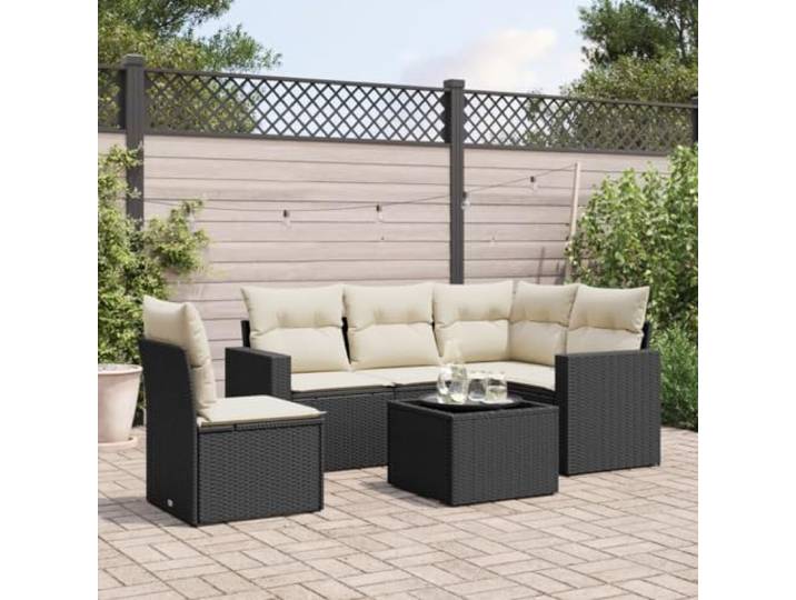 ZQQLVOO 6-TLG. Poly Rattan Sofagarnitur Schwarz Mit Kissen Modulares Design, abnehmbare waschbare Bezüge, Tischplatte aus Hartglas, wetterbeständig