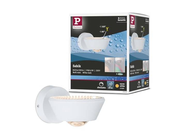 Paulmann LED Wandleuchte Sabik IP44 9W 2700K Weiß matt Dimmbar, IP44 spritzwassergeschützt, dekorative Lichteffekte, 570lm