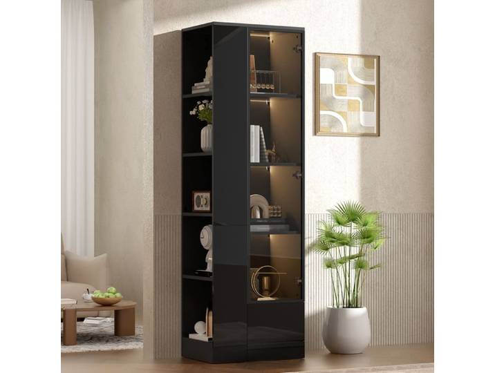 Vitrine avec éclairage LED et Porte Vitrée Meuble Haut Brillant avec Tiroirs et Compartiments Ouverts Bibliothèque Noir 50x35x160cm