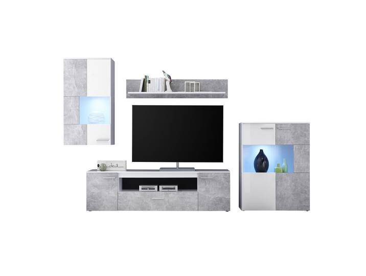 Wohnwand weiß - Betonoptik 290 cm mit LED-Beleuchtung - VULCAN